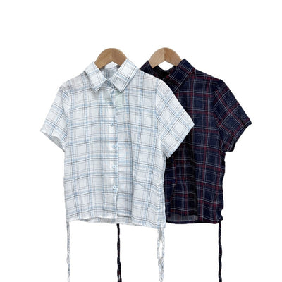 Camisa Cuadrille Retro con Pliegues Elegantes y Manga Corta - Image 5