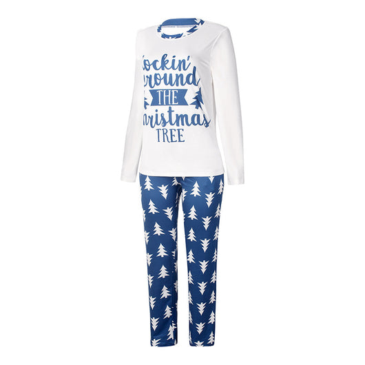 Family matching Christmas pajamas: white long-sleeve tops with 'Rockin' around THE Christmas TREE' text and blue pants with white Christmas tree patterns for da - Image 10