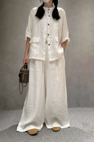 Conjunto de Lino Casual: Camisa Manga Corta y Pantalón de Color Liso - Image 7