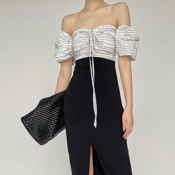 Vestido Largo de Verano con Abertura Lateral y Hombro Descubierto en Encaje