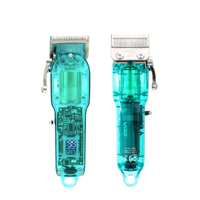 Transparent teal rechargeable hair clipper with digital display, four guide combs, cleaning brush, oil, and charging cable. - Image 6
