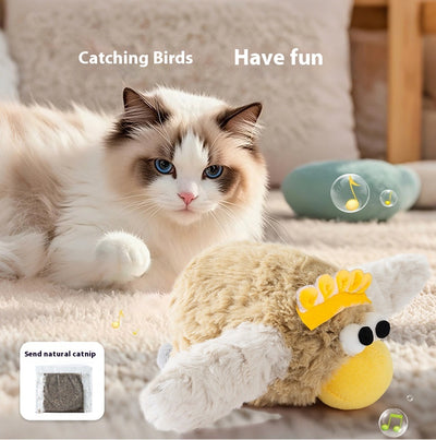 Plush electric bird cat toy with brown body, white wings, yellow beak, and googly eyes. Includes charging cable and catnip. - Image 11