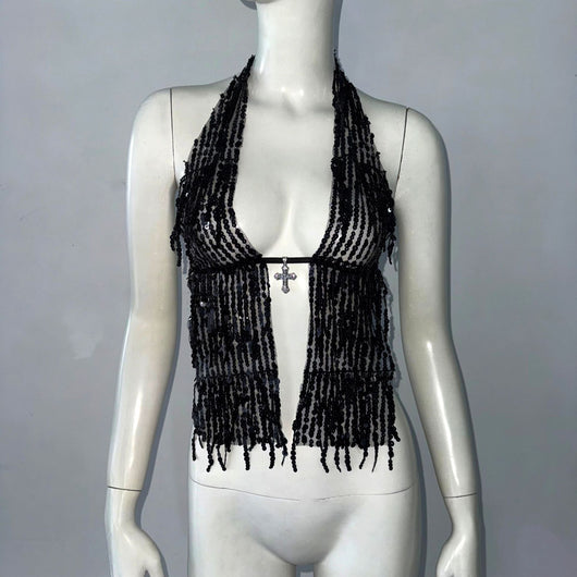 Top Halter Lentejuelas con Cordones y Tirantes Ajustables - Image 3