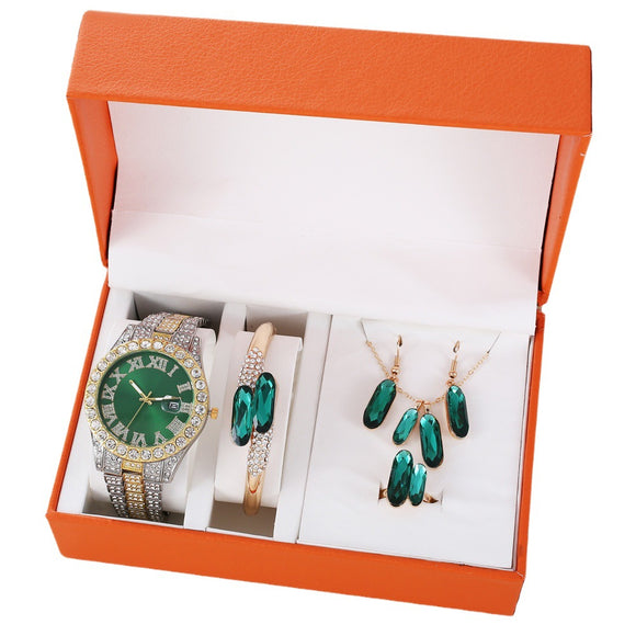 Conjunto de Accesorios en Acero Verde: Reloj, Anillo, Collar y Aretes de Cuarzo