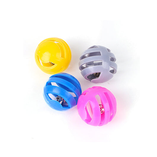 Four colorful plastic bell balls for cats in yellow, pink, blue, and grey, featuring a slotted design. - Image 9