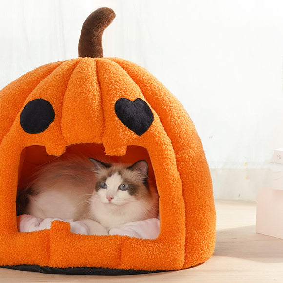 Cama Cálida Tipo Calabaza para Gatos y Perros - Diseño Semicerrado