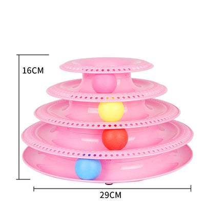 Pink four-layer cat turntable toy with colorful balls on each track, measuring 16cm high and 29cm wide. - Image 18