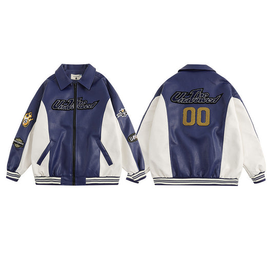 Chaqueta Universitaria Retro PU Bordada Suelta para Hombre - Image 7