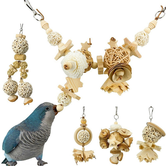 Set of 5 natural wood and rattan bird chewing toys with stars, balls, and flower shapes for parrots.