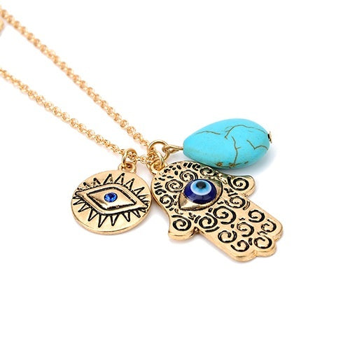 Collar Bohemio Doble Capa con Perlas de Arroz, Turquesa y Palma de Fátima