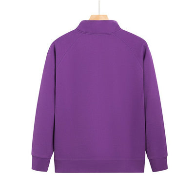 Purple full-zip jacket with a stand-up collar, raglan sleeves, and front pockets, displayed on a hanger. - Image 19