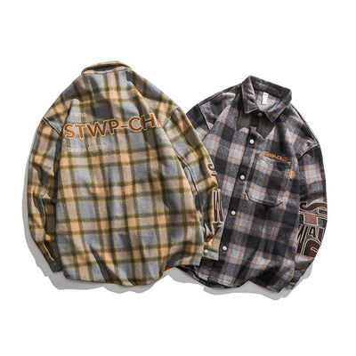Camisa Abrigo Cuadros con Bordado y Combinación de Colores