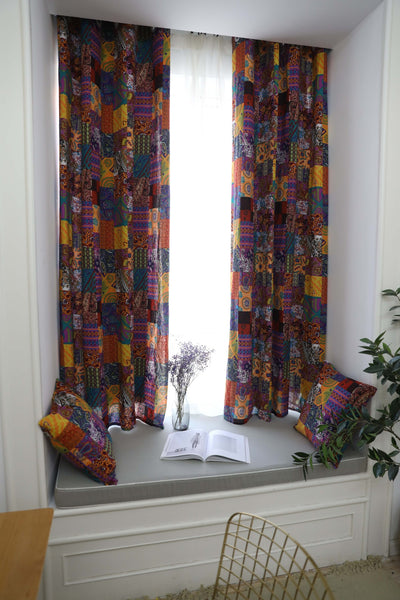 Bohemian retro style cotton linen curtains with a vibrant geometric patchwork pattern, one tied back with a rope. - Image 6