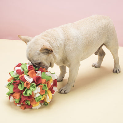 Red, yellow, and orange polar fleece snuffle ball pet toy for chewing and enrichment. - Image 2