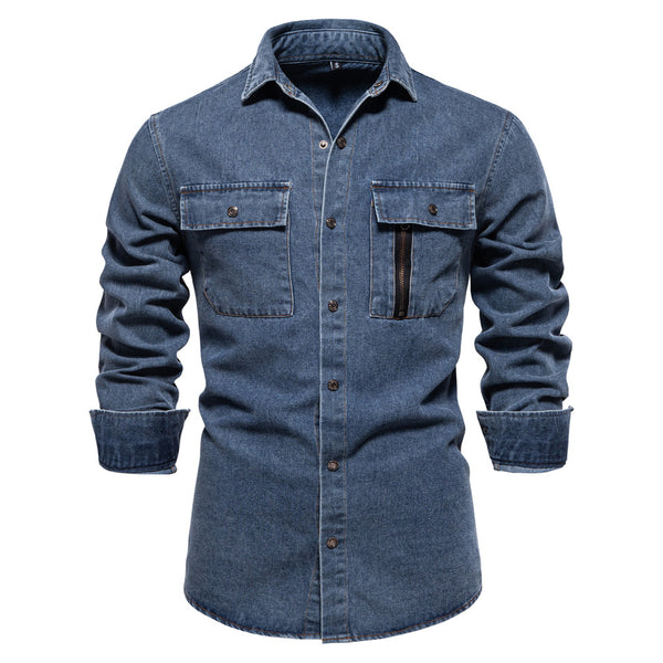 Camisa de Algodón Puro Lavada Manga Larga Color Sólido