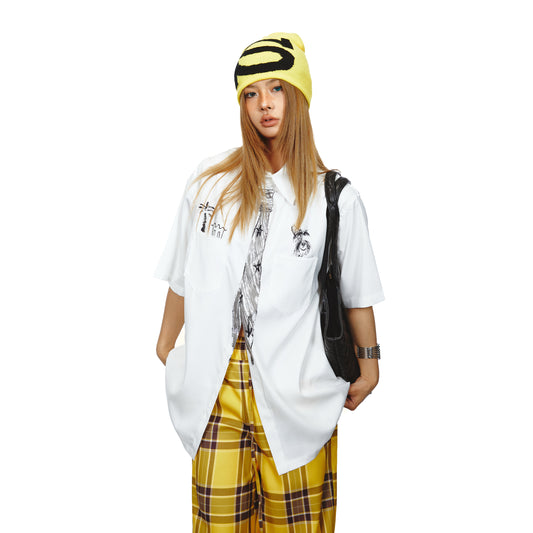 Camisa Suelta Unisex con Diseño de Corbata Pintada a Mano - Marca de Moda Japonesa