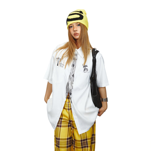 Camisa Suelta Unisex con Diseño de Corbata Pintada a Mano - Marca de Moda Japonesa