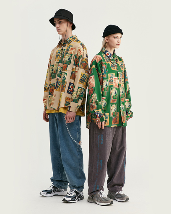 Camisa Estampado Cigarrillos Manga Larga Suelta para Hombre