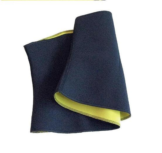 Black and yellow neoprene waist trainer shown on a person's midsection and as a flat garment. - Image 4