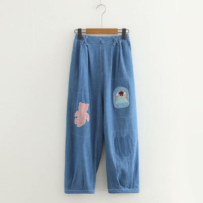 Pantalón Cropped Denim Patchwork Estilo Universitario con Bordado de Oso - Image 12