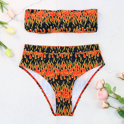 Flame print bikini swimsuit with a bandeau triangle top and tie-side split bottom in red, orange, yellow, and black. - Image 5