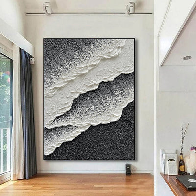 Cuadro Abstracto Olas del Mar 3D - Arte Moderno en Lienzo Pintado a Mano Estilo Minimalista Blanco y Negro - Image 3