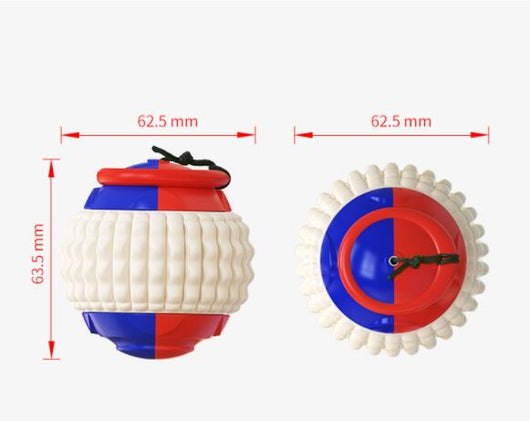 Blue, red, and beige plastic dog toy ball with a textured surface and black rope, next to a golden retriever puppy. - Image 6