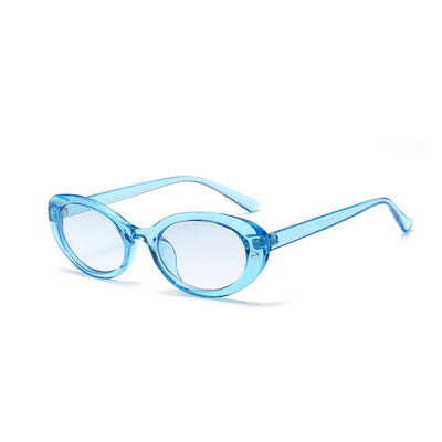 Translucent blue small frame oval sunglasses with light blue lenses on a white background. - Image 16