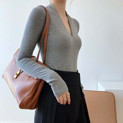 Blusa Básica de Cuello V y Manga Larga para Mujer - Image 2