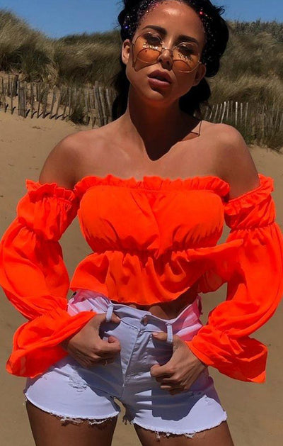 Blusa Sexy Hombros Descubiertos con Volantes y Color Liso - Image 11