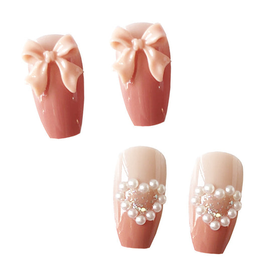 Uñas Postizas Degradado Milk Tea con Moño - Image 4