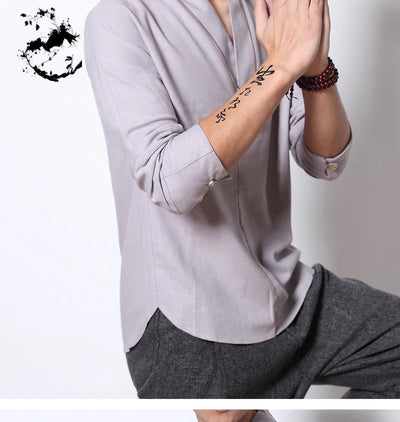 Camisa Lino Manga Larga Estilo Chino Retro para Hombre - Image 21