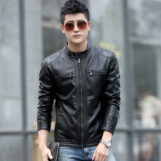 Chaqueta de Cuero PU Coreana Ajustada Cuello Mao