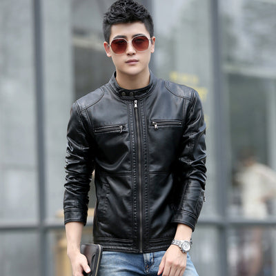 Chaqueta de Cuero PU Coreana Ajustada Cuello Mao