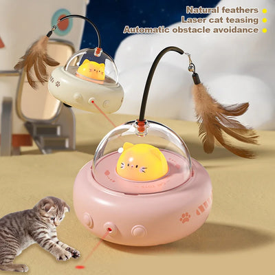 Pink electric UFO cat teaser toy with a clear dome, a cute pink cat head, and a feather wand with a bell. - Image 2