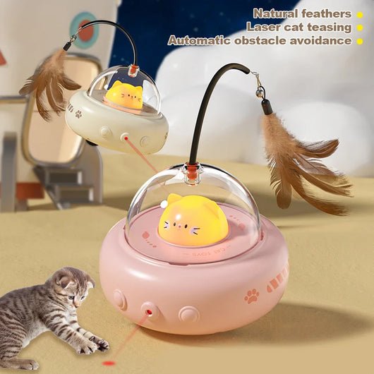 Pink electric UFO cat teaser toy with a clear dome, a cute pink cat head, and a feather wand with a bell. - Image 2