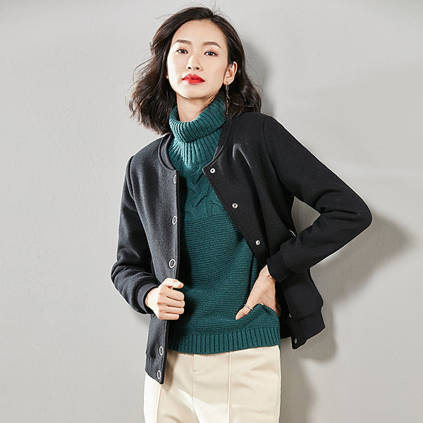 Chaqueta de Lana Corta para Mujer - Cuello Béisbol Negro Casual Otoño Invierno