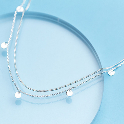 Collar de Plata S925 Doble Capa con Dije Redondo - Cadena Esclavina Elegante