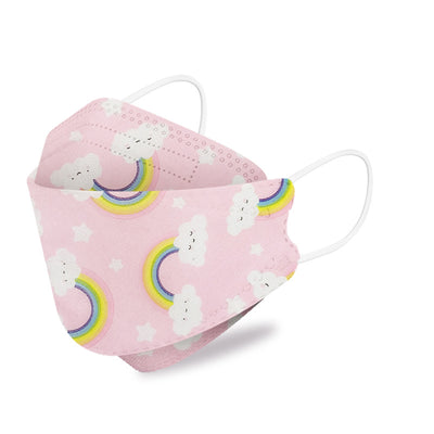 White children's KN95 mask with a cute cartoon pattern of blue bunnies, pink bears, trees, and flowers. - Image 17