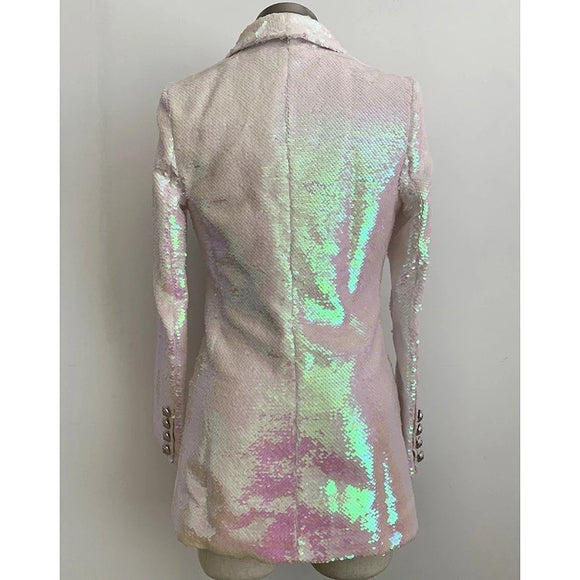 Blazer Largo Doble Botonadura con Lentejuelas para Mujer