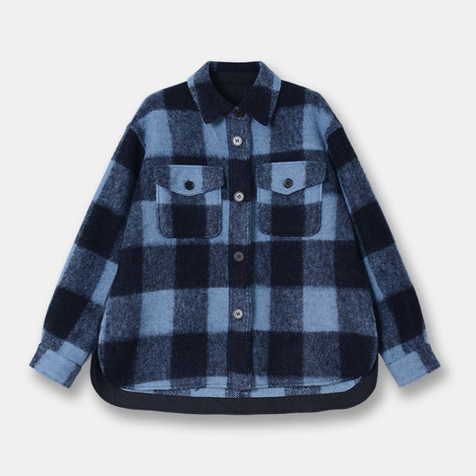 Abrigo de Lana a Cuadros Unisex con Cuello de Camisa - Diseño Holgado y Versátil - Image 9