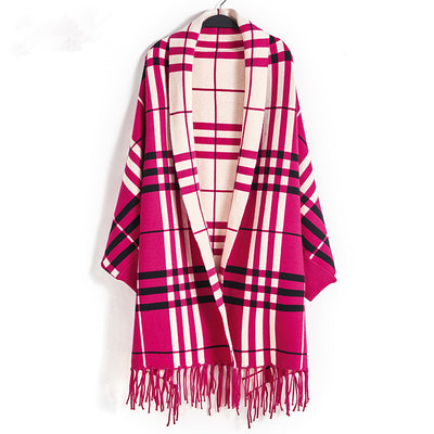 Cardigan Cuadros Tejido Mujer con Flecos - Abrigo Chal Largo - Image 6