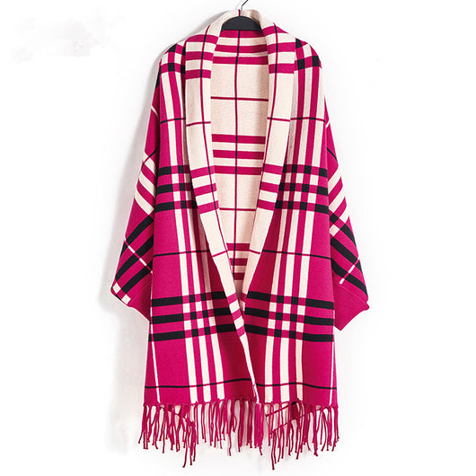 Cardigan Cuadros Tejido Mujer con Flecos - Abrigo Chal Largo - Image 6