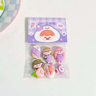 Set of 7 cute 3D resin stickers featuring cartoon characters, an ice cream bar, and a cookie snack. - Image 6