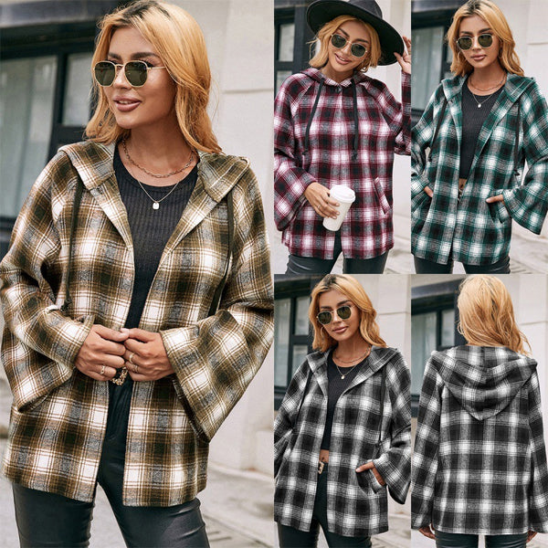 Cardigan Tipo Camisa a Cuadros Holgado con Capucha