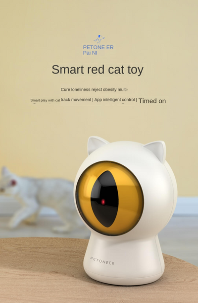 White cat-shaped laser toy with gold eye and red light, alongside a light blue smart rolling ball cat toy. - Image 4