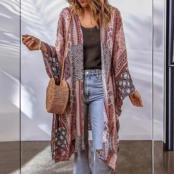 Cardigan Bohemio Capa Murciélago con Estampado Azteca