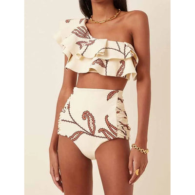 Bikini de Cintura Alta con Hombro Descubierto y Volantes Estampado - Image 3