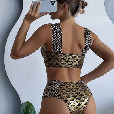 Women's high-waisted two-piece bronzing swimwear with black and gold art deco fan pattern and textured straps. - Image 5