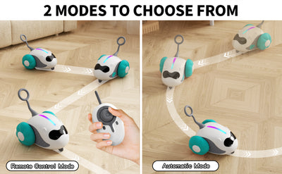 Interactive cat toy with white robotic base, orange wheels, and feather attachment, controlled by a remote, with a cat looking on. - Image 15